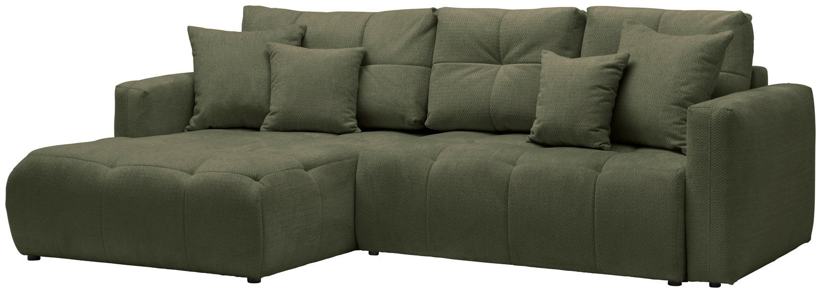 Grünes Ecksofa mit mehreren Kissen, Perspektive von vorne links