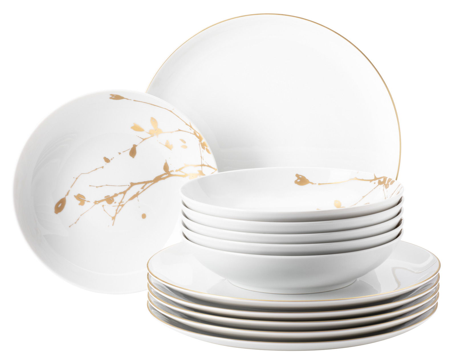 Elegantes 12-teiliges Tafelservice mit goldenen Akzenten und floralem Design, seitliche Perspektive