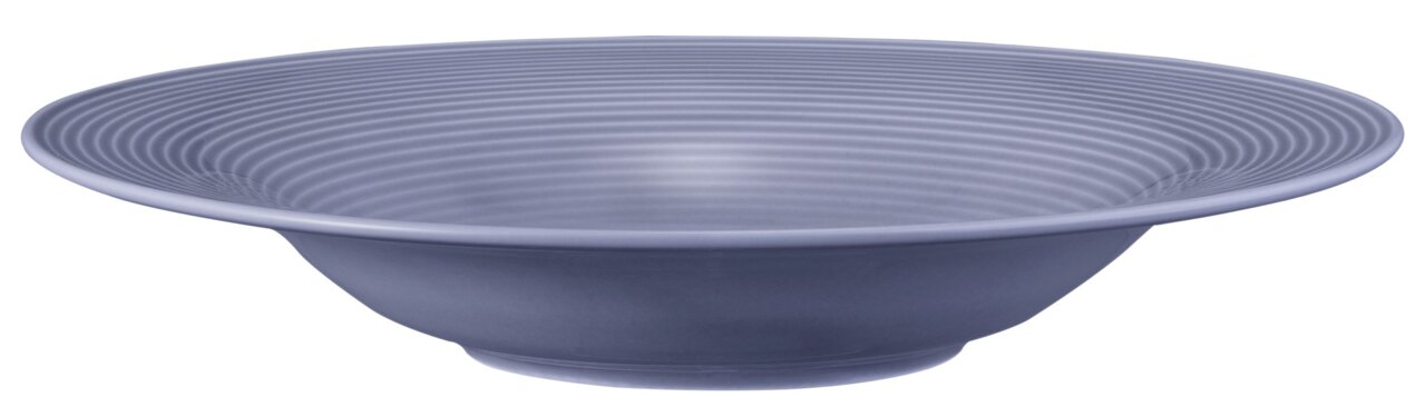 Seitliche Ansicht eines blauen Pasta- und Salattellers mit geriffeltem Design, 27,5 cm Durchmesser.