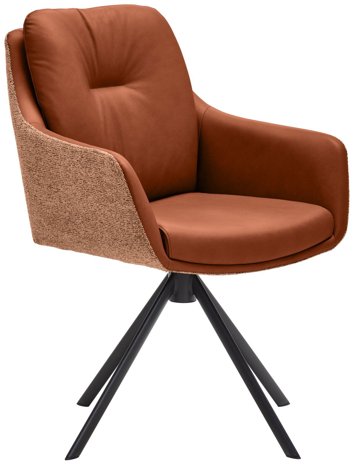 Waldwelt Armlehnstuhl ARUBA Moderner Armlehnstuhl in braunem Leder mit Stoffrückseite und schwarzem Metallgestell, seitliche Perspektive