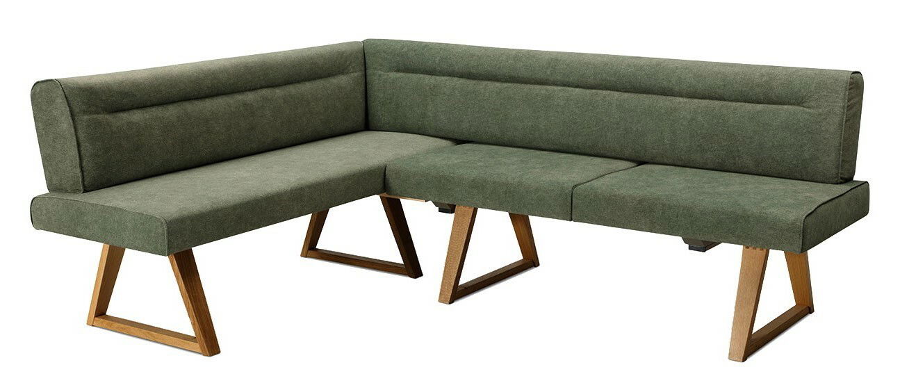 Moderano Eckbank LAURA Grüne Eckbank mit Holzbeinen, seitliche Perspektive