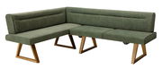 Grüne Eckbank mit Holzbeinen, seitliche Perspektive
