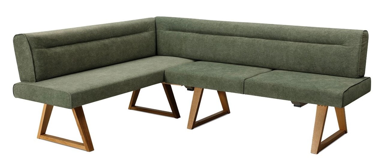 Moderano Eckbank LAURA Grüne Eckbank mit Holzbeinen, seitliche Perspektive