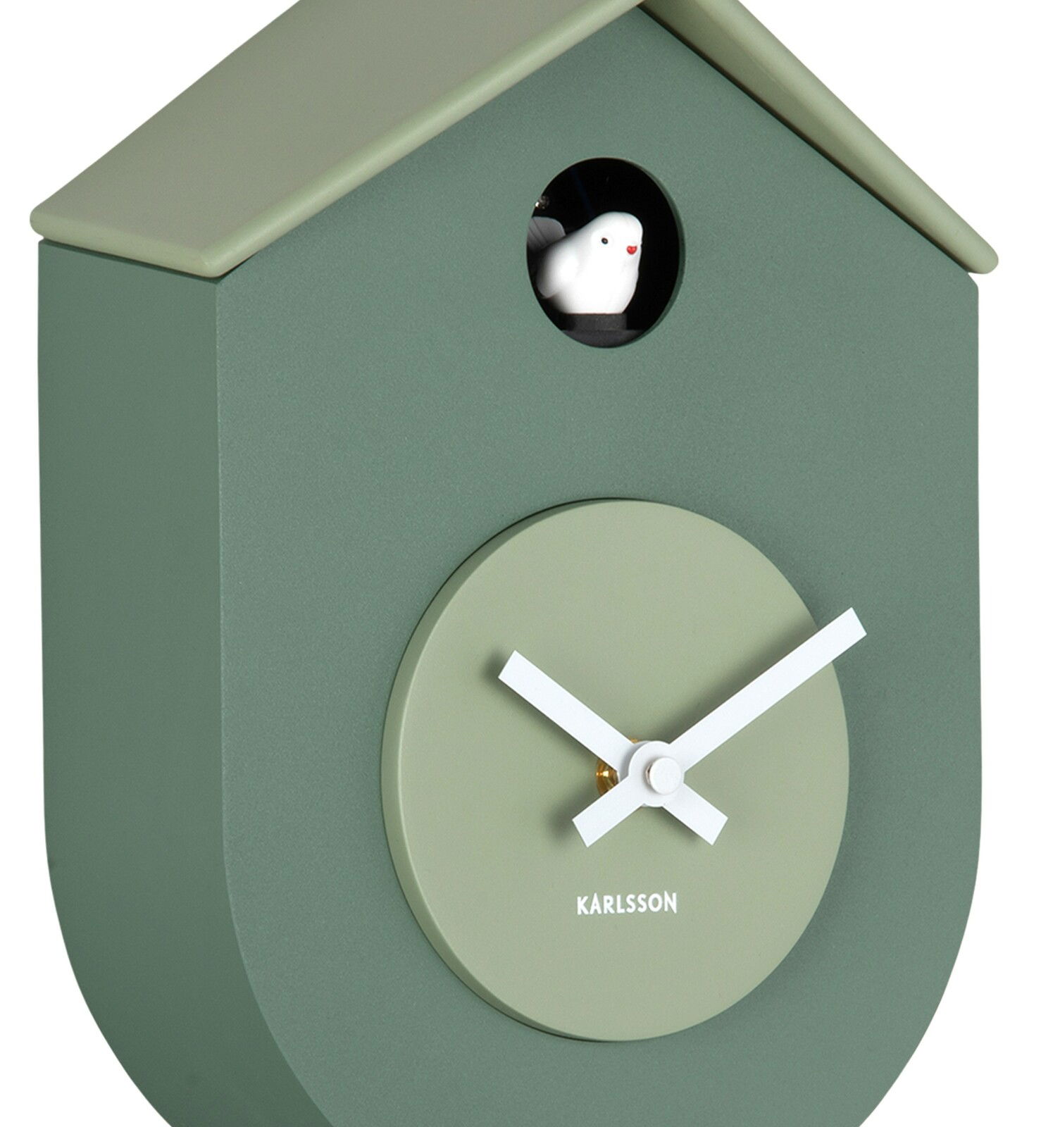 Grüne Wanduhr in Form eines Vogelhauses mit weißem Kuckucksvogel und weißen Zeigern, seitliche Perspektive