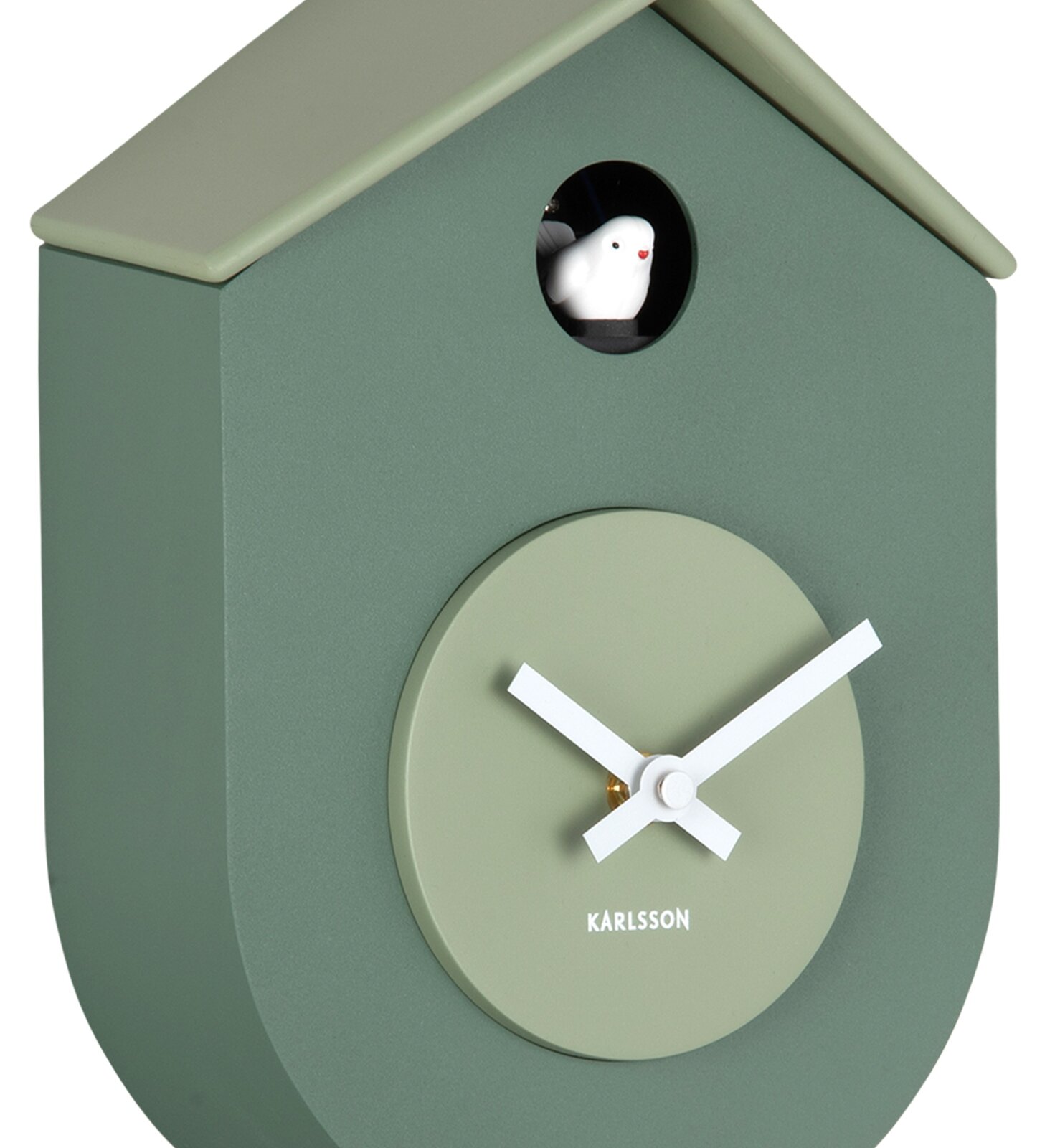 Grüne Wanduhr in Form eines Vogelhauses mit weißem Kuckucksvogel und weißen Zeigern, seitliche Perspektive