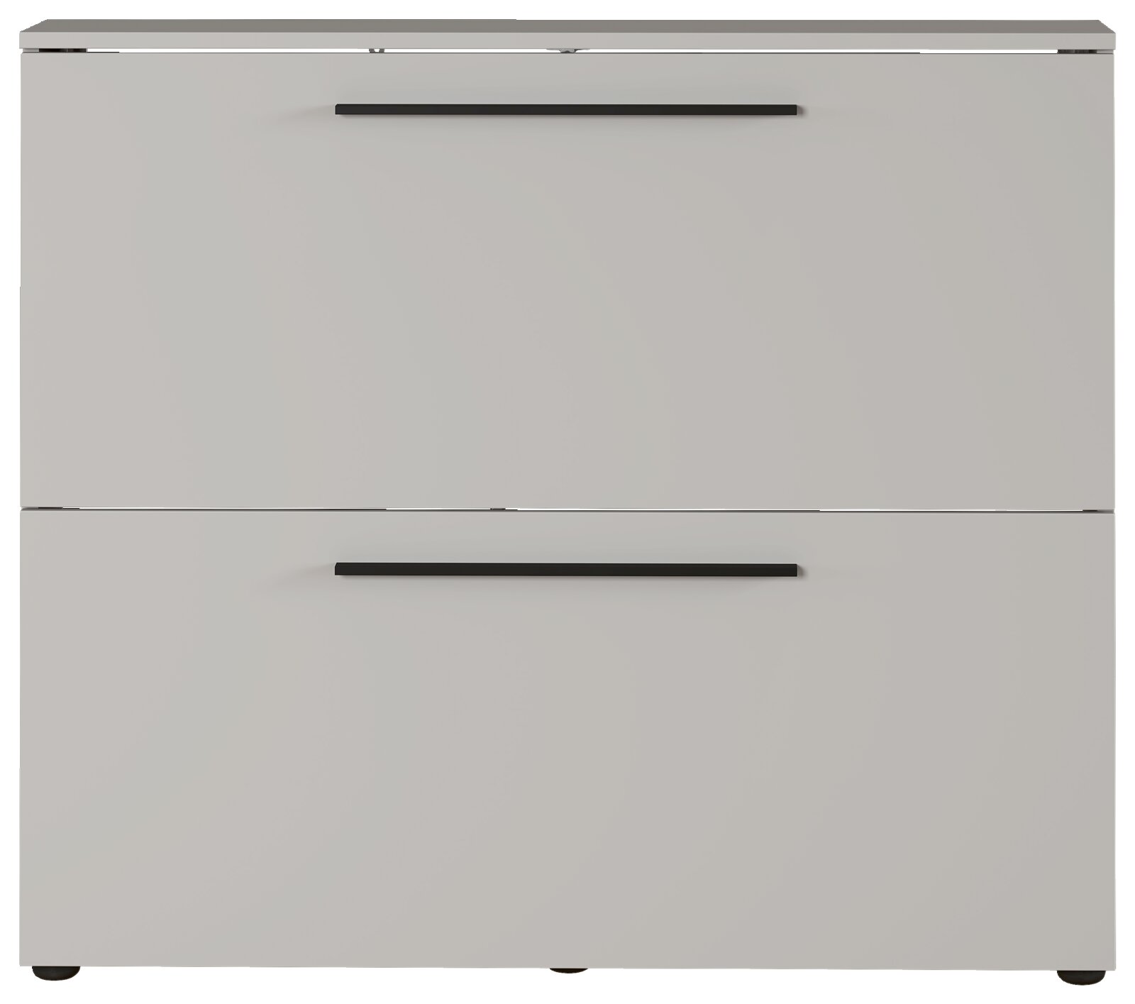 Moderner Schuhschrank in Grau mit zwei Klappen und schwarzen Griffen, frontale Ansicht.