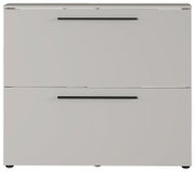 Moderner Schuhschrank in Grau mit zwei Klappen und schwarzen Griffen, frontale Ansicht.