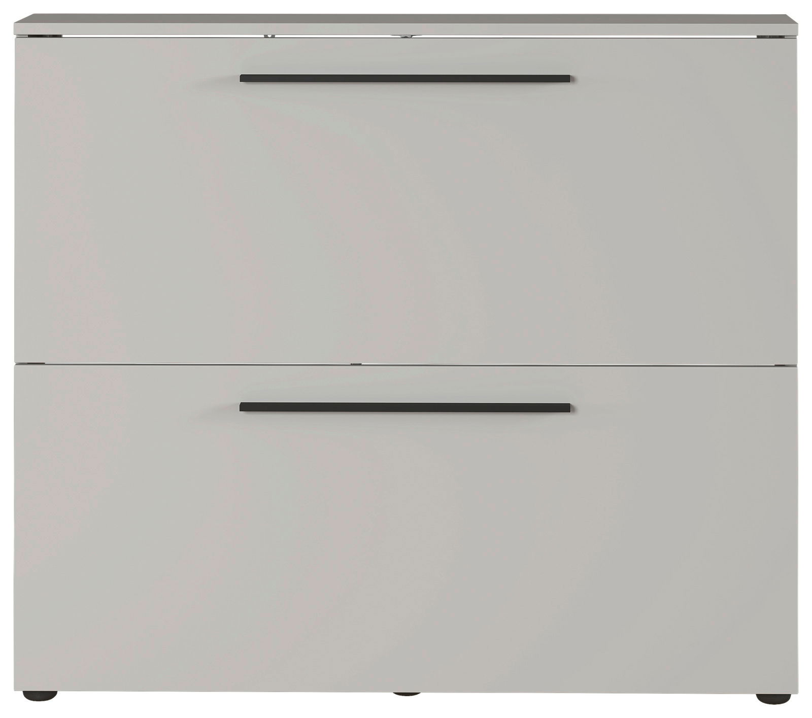 Moderner Schuhschrank in Grau mit zwei Klappen und schwarzen Griffen, frontale Ansicht.