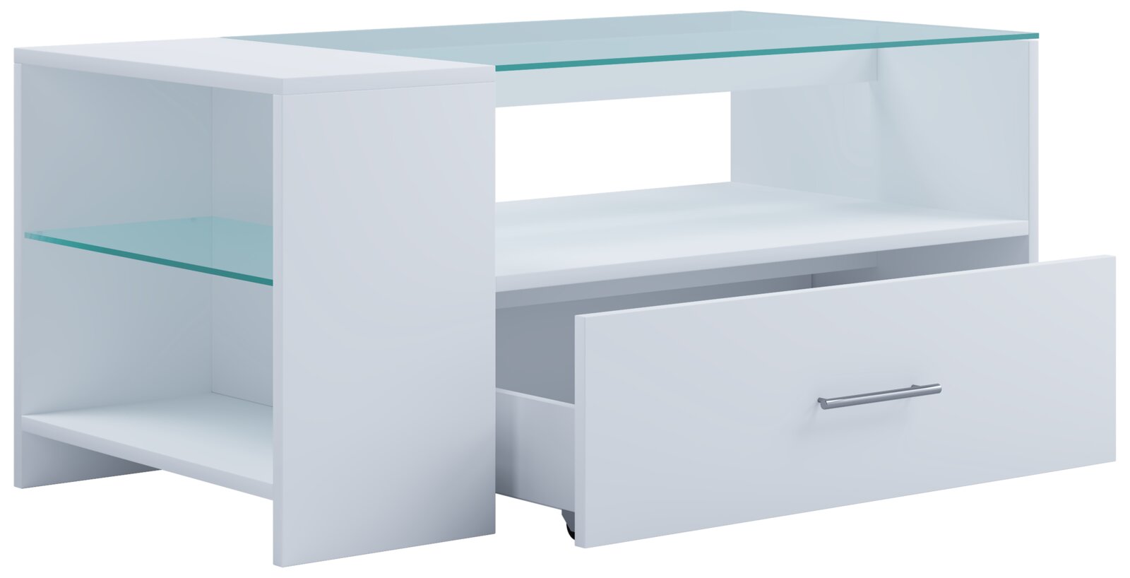 Weißer moderner Couchtisch/TV-Lowboard mit Glasablage links und großer Schublade mit Metallgriff, Ansicht schräg von vorne rechts.