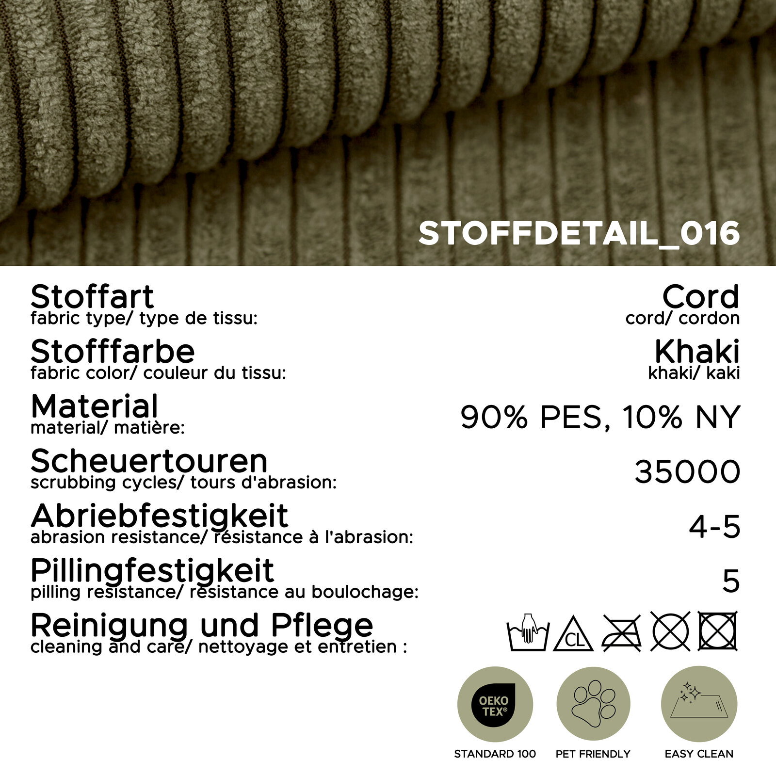 Nahaufnahme eines khakifarbenen Cordstoffs mit gerippter Struktur, Draufsicht/Detailansicht; Infografik mit Stoffdaten: Cord, Khaki, Material 90% PES und 10% NY, 35.000 Scheuertouren, Abriebfestigkeit 4–5, Pillingfestigkeit 5 sowie Pflege- und Zertifikats