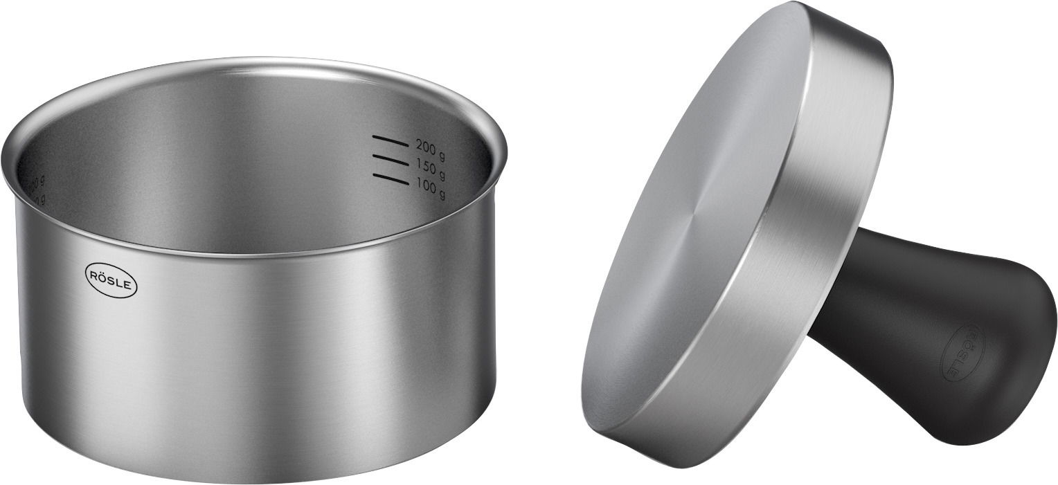 Burgerpresse PRO aus Edelstahl mit abnehmbarem Griff, seitliche Ansicht