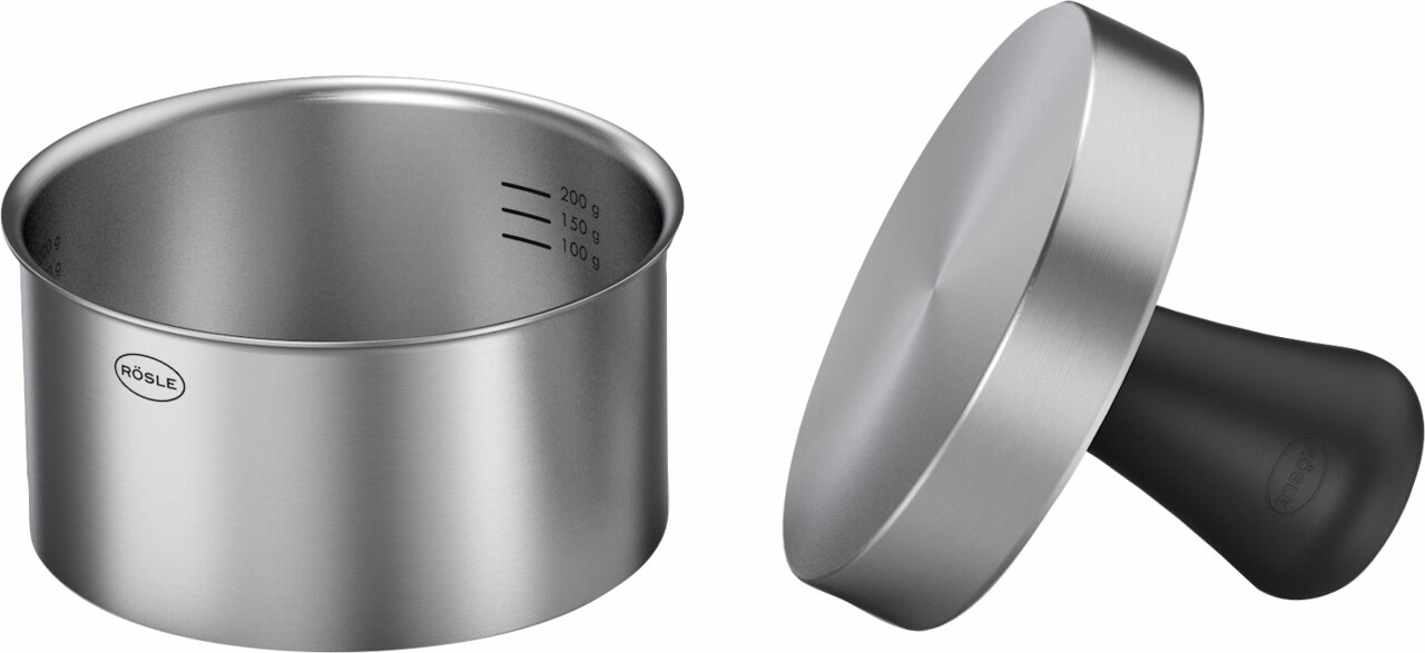 Burgerpresse PRO aus Edelstahl mit abnehmbarem Griff, seitliche Ansicht