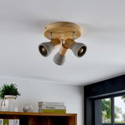 Deckenstrahler mit drei verstellbaren Spots aus Holz und Metall, Perspektive von unten