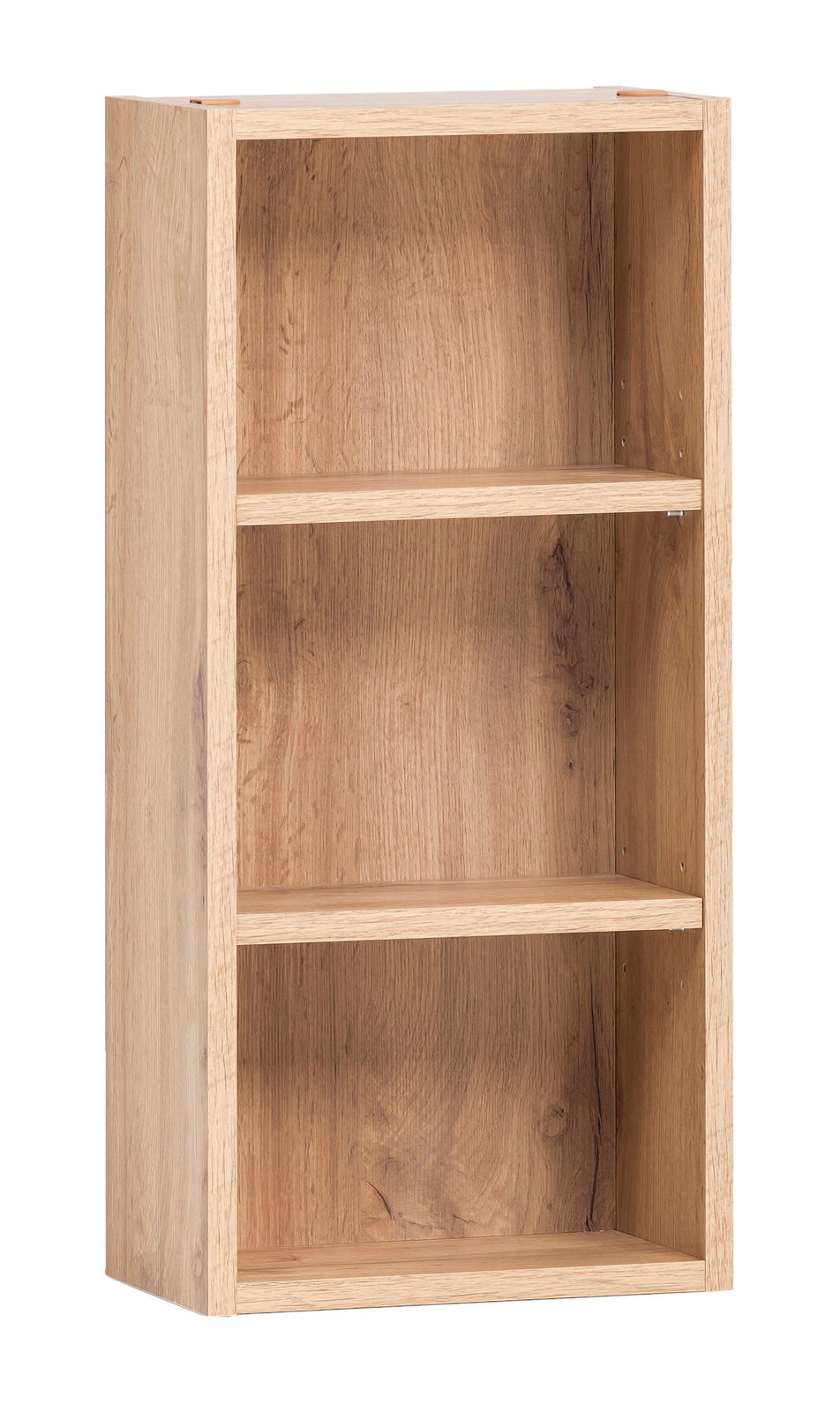 Hängeregal aus Holz mit drei Regalböden, seitliche Perspektive