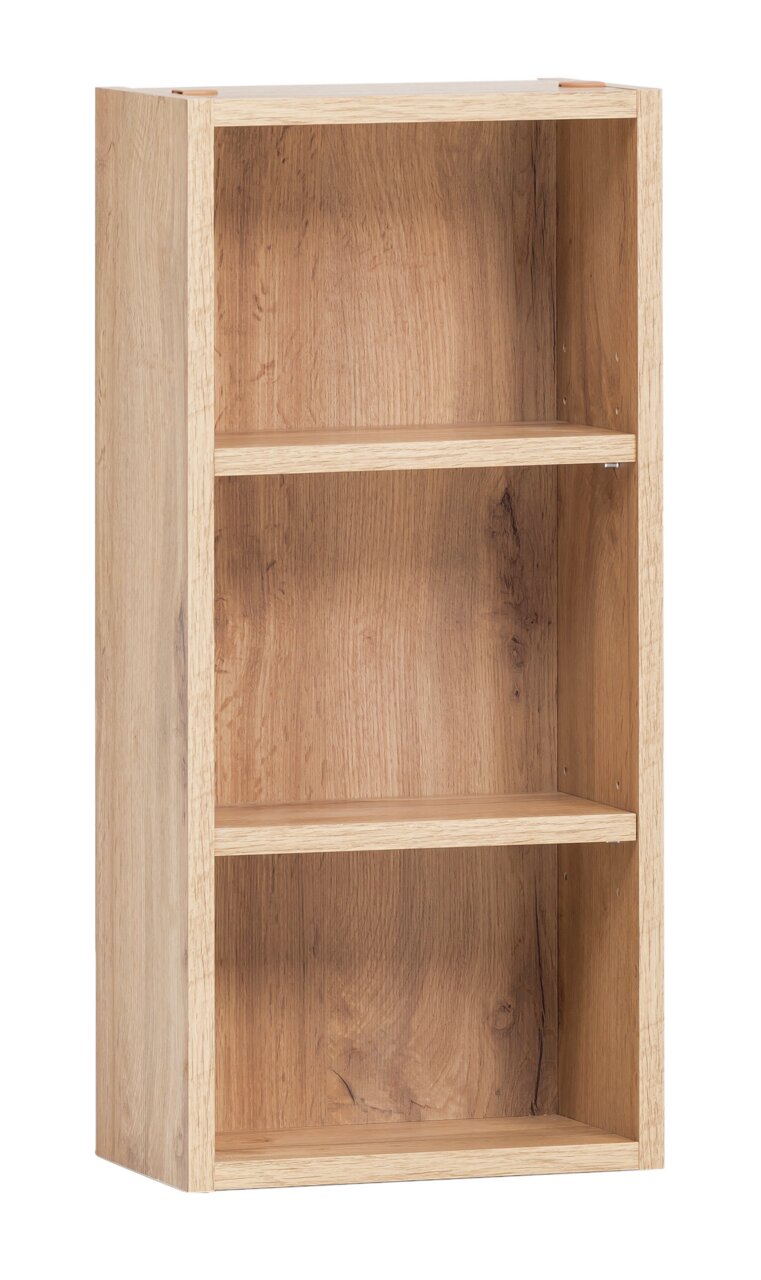 Hängeregal aus Holz mit drei Regalböden, seitliche Perspektive