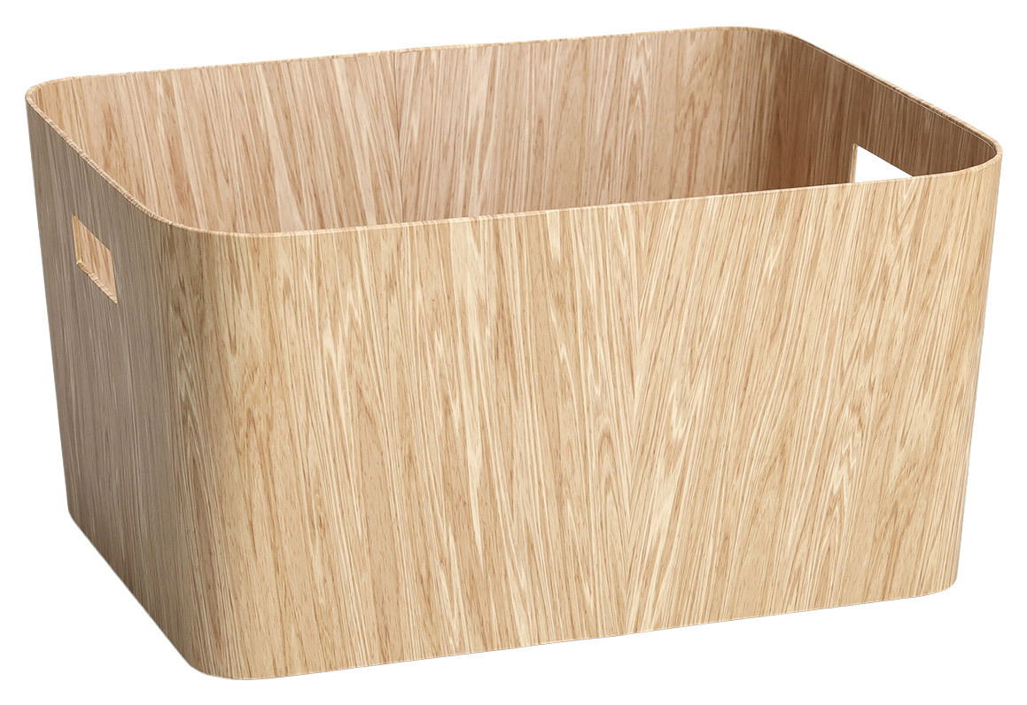 Aufbewahrungsbox aus Pappe mit Holzoptik, seitliche Perspektive