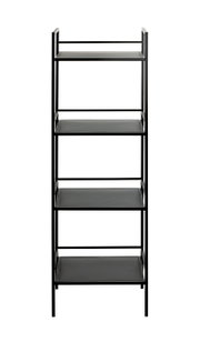 Schmales, schwarzes Metallregal mit vier Ablageböden im minimalistischen Design, freigestellt auf weißem Hintergrund, Frontansicht.