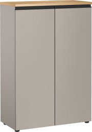 Aktenschrank mit zwei Türen, graue Front und Holzoberfläche, Frontalansicht