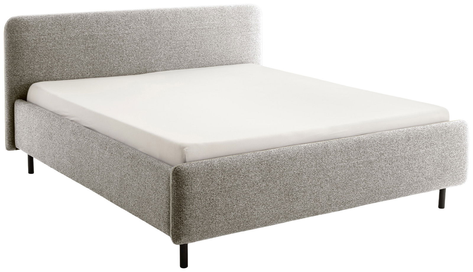 Graues Polsterbett in 160 cm Breite, seitliche Perspektive