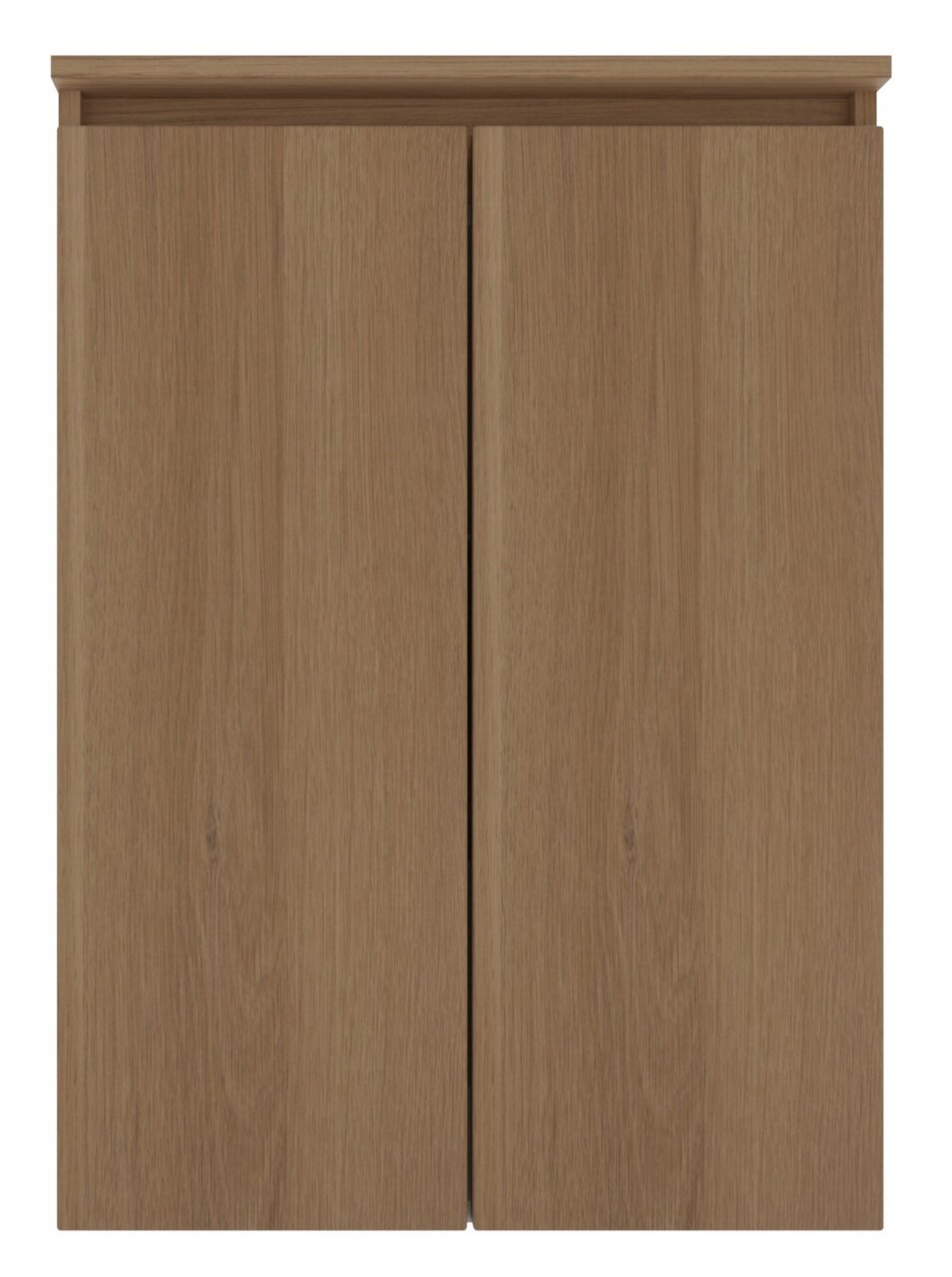 Vooraanzicht van een houten hoogkast met twee deuren in een natuurlijke houtlook.