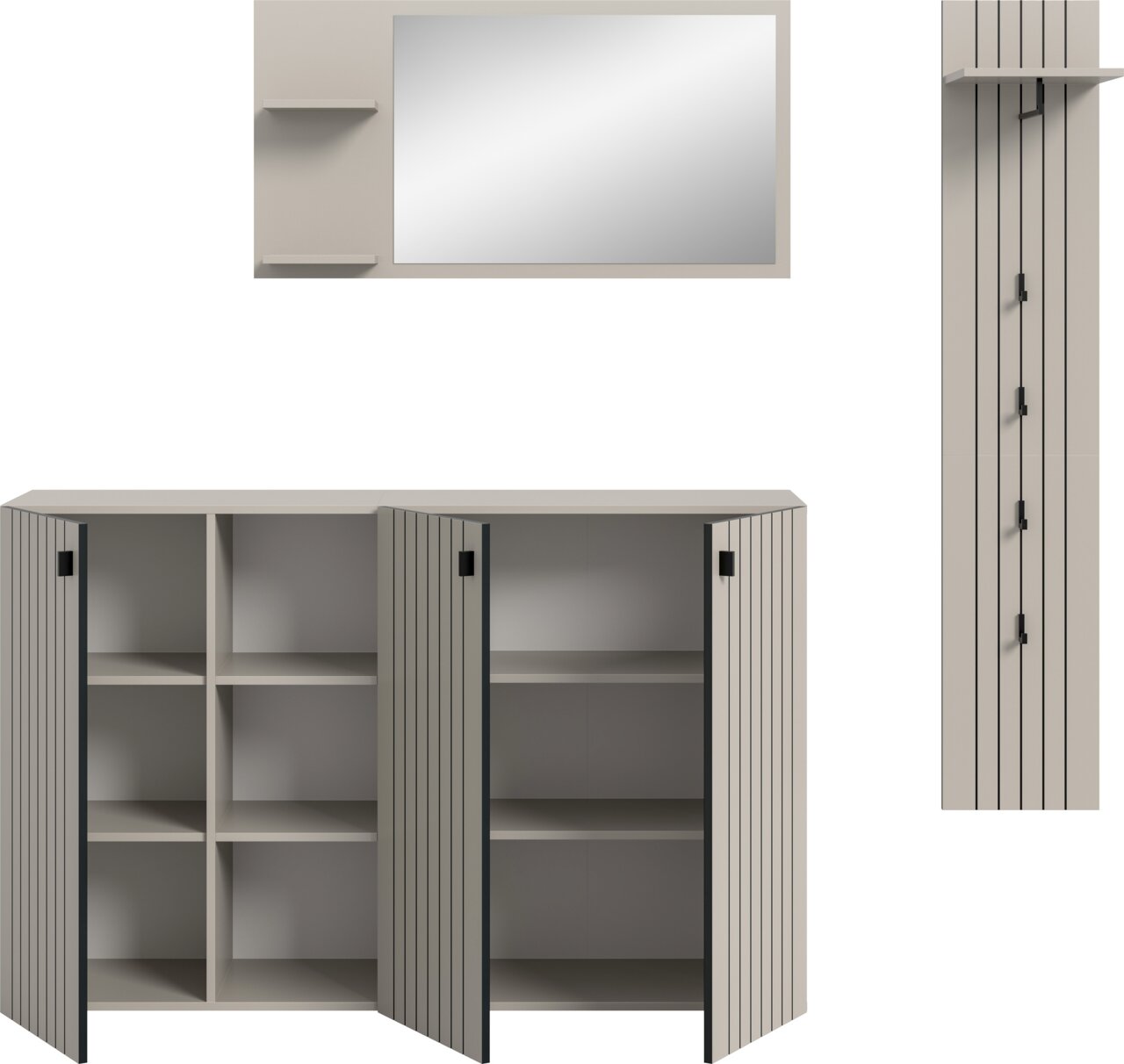 Modernes Badezimmermöbel-Set in Beige/Grau mit großem Spiegel, zwei offenen Regalen und Unterschrank mit geriffelten Türen und schwarzen Griffen, Frontalansicht; rechts zusätzlich Detailansicht der Tür/Front im Seitenprofil