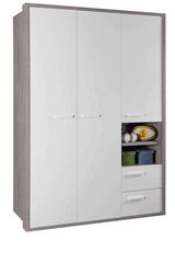 Moderner Kleiderschrank mit drei weißen Türen und offenen Regalfächern, seitliche Perspektive