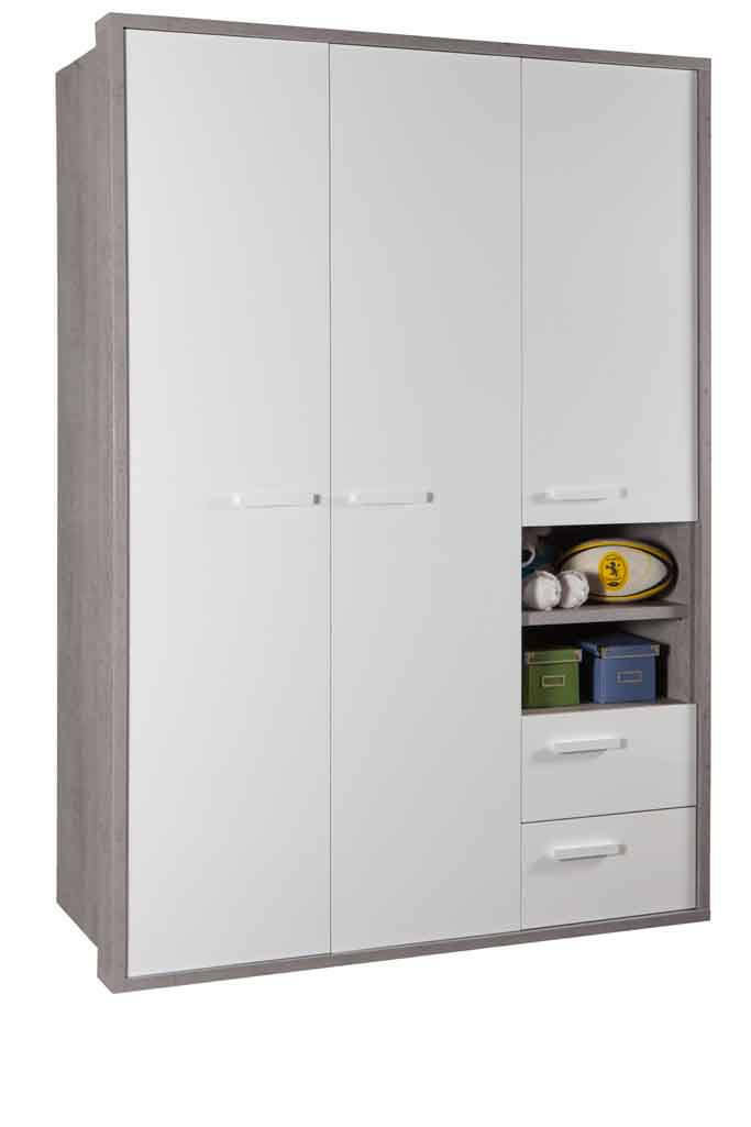 Moderner Kleiderschrank mit drei weißen Türen und offenen Regalfächern, seitliche Perspektive