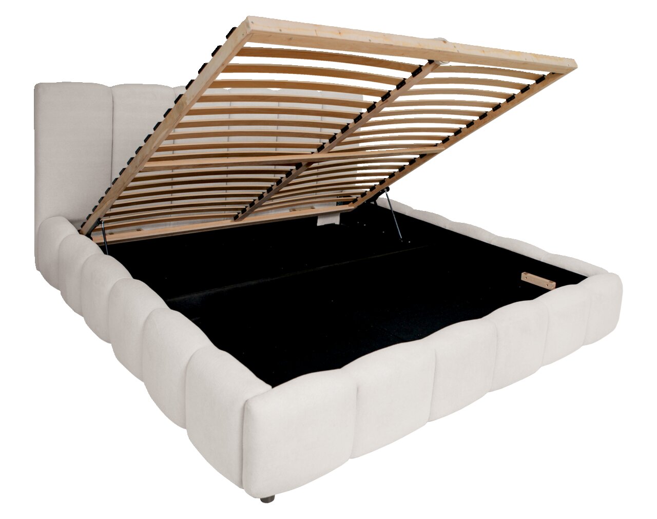 Polsterbettgestell mit geöffnetem Lattenrost, seitliche Perspektive
