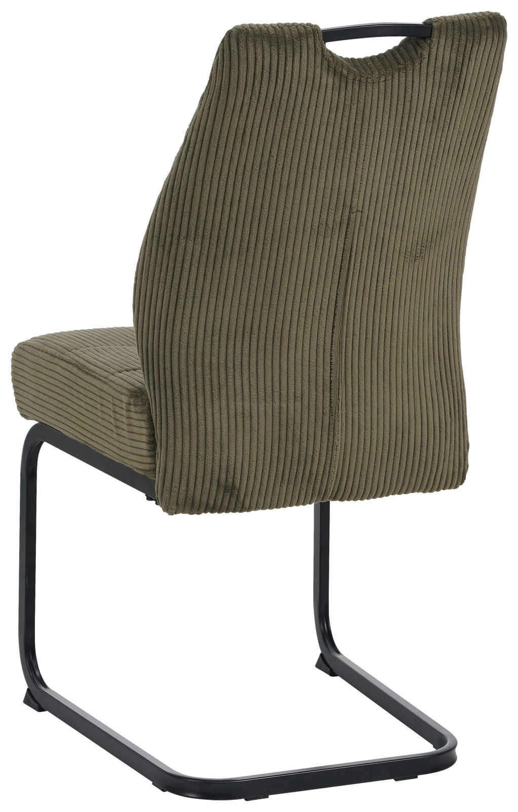 Rückansicht eines olivgrünen Schwingstuhls mit geripptem Stoffbezug und schwarzem Metallgestell.