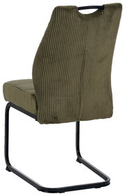 Rückansicht eines olivgrünen Schwingstuhls mit geripptem Stoffbezug und schwarzem Metallgestell.