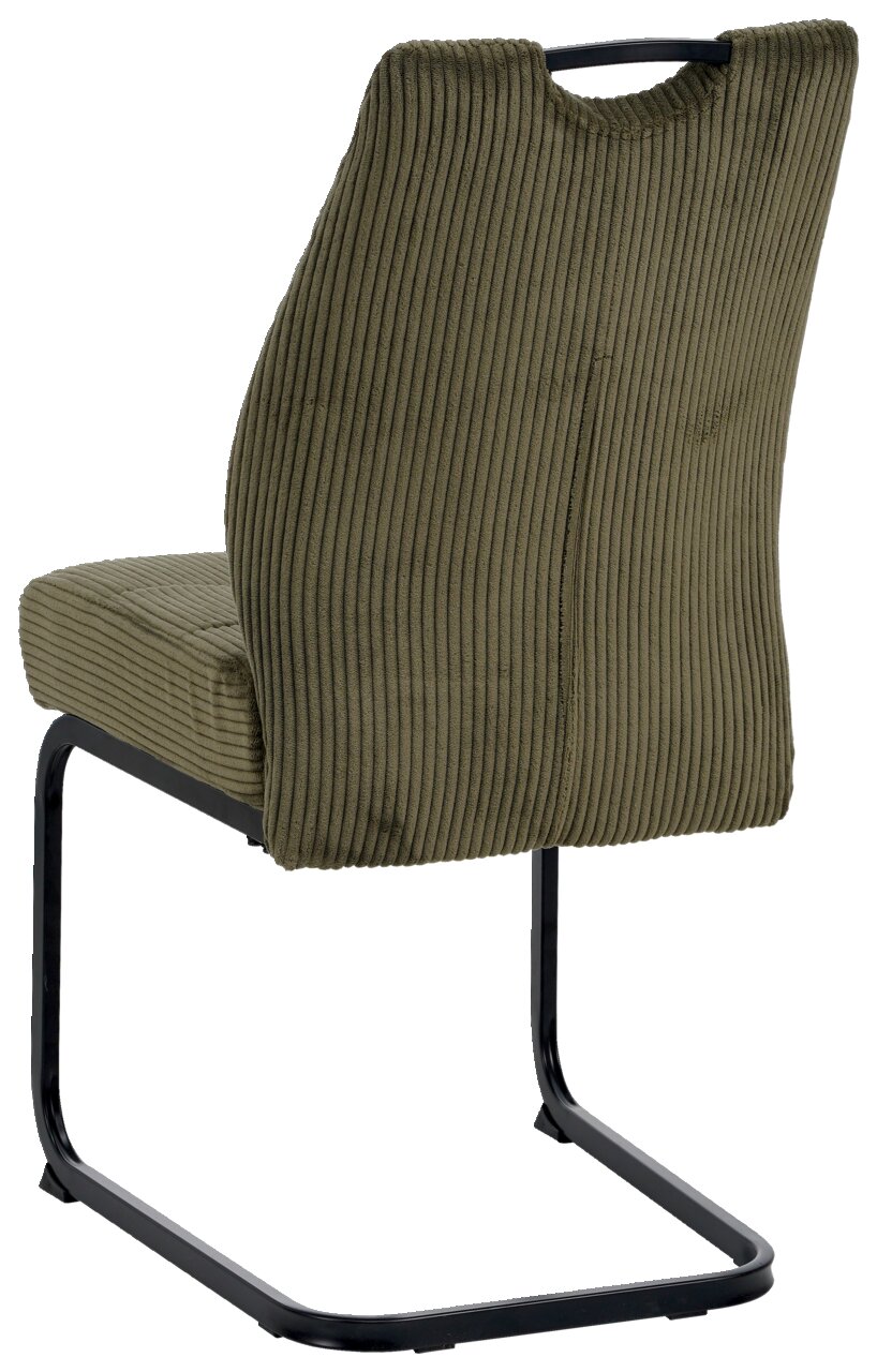 Rückansicht eines olivgrünen Schwingstuhls mit geripptem Stoffbezug und schwarzem Metallgestell.