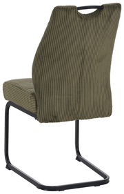 Rückansicht eines olivgrünen Schwingstuhls mit geripptem Stoffbezug und schwarzem Metallgestell.