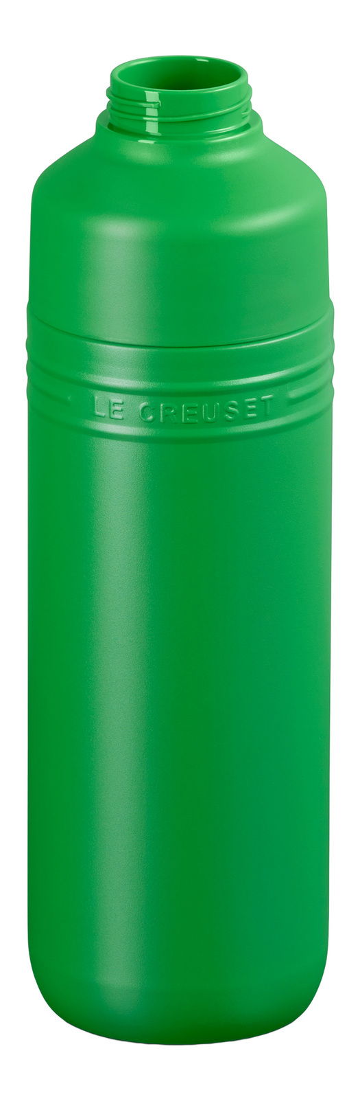 Grüne Trinkflasche aus Kunststoff mit geöffneter Oberseite, seitliche Perspektive