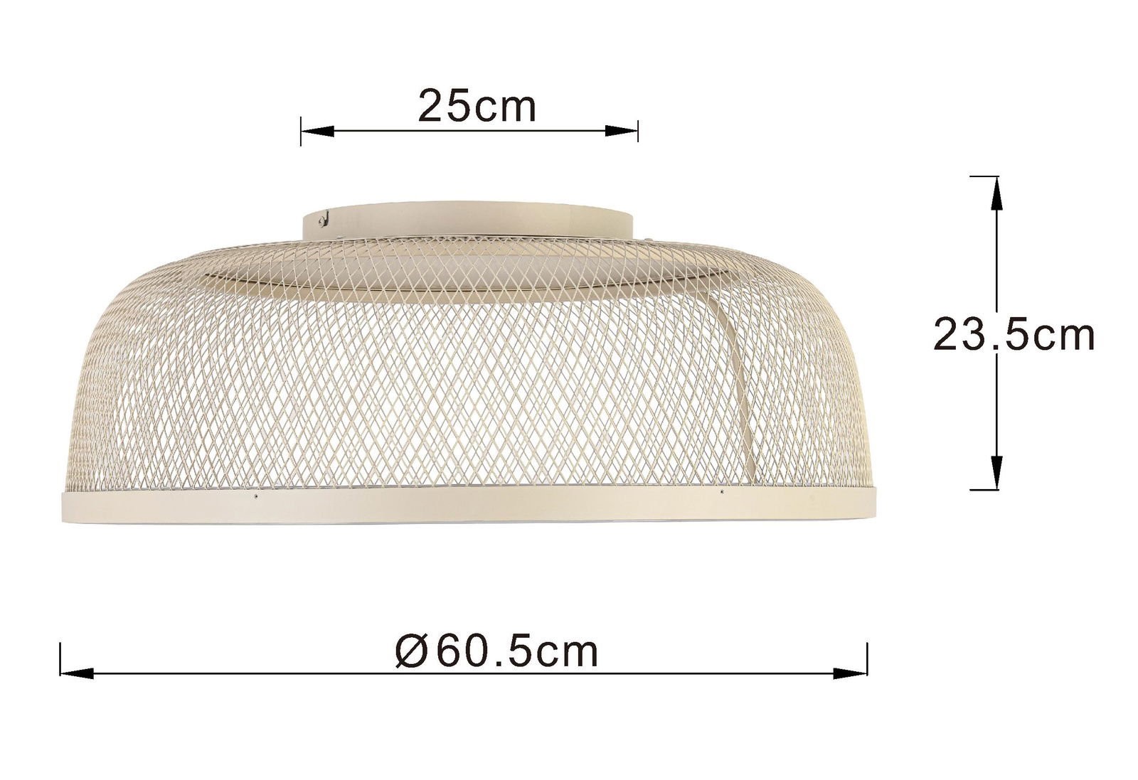 Seitliche Ansicht einer LED-Deckenleuchte mit einem Durchmesser von 60,5 cm und einer Höhe von 23,5 cm. Die Leuchte hat ein modernes, gitterartiges Design.