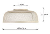 Seitliche Ansicht einer LED-Deckenleuchte mit einem Durchmesser von 60,5 cm und einer Höhe von 23,5 cm. Die Leuchte hat ein modernes, gitterartiges Design.