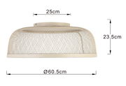 Seitliche Ansicht einer LED-Deckenleuchte mit einem Durchmesser von 60,5 cm und einer Höhe von 23,5 cm. Die Leuchte hat ein modernes, gitterartiges Design.