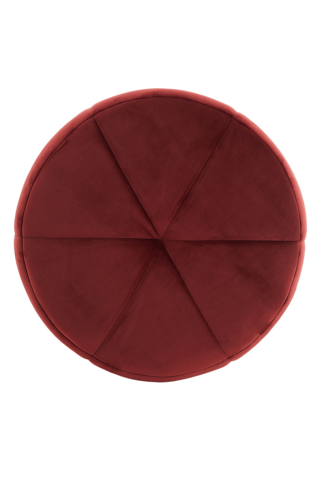 Runder, weinroter Sitzpuff aus der Vogelperspektive mit segmentierter Oberfläche.