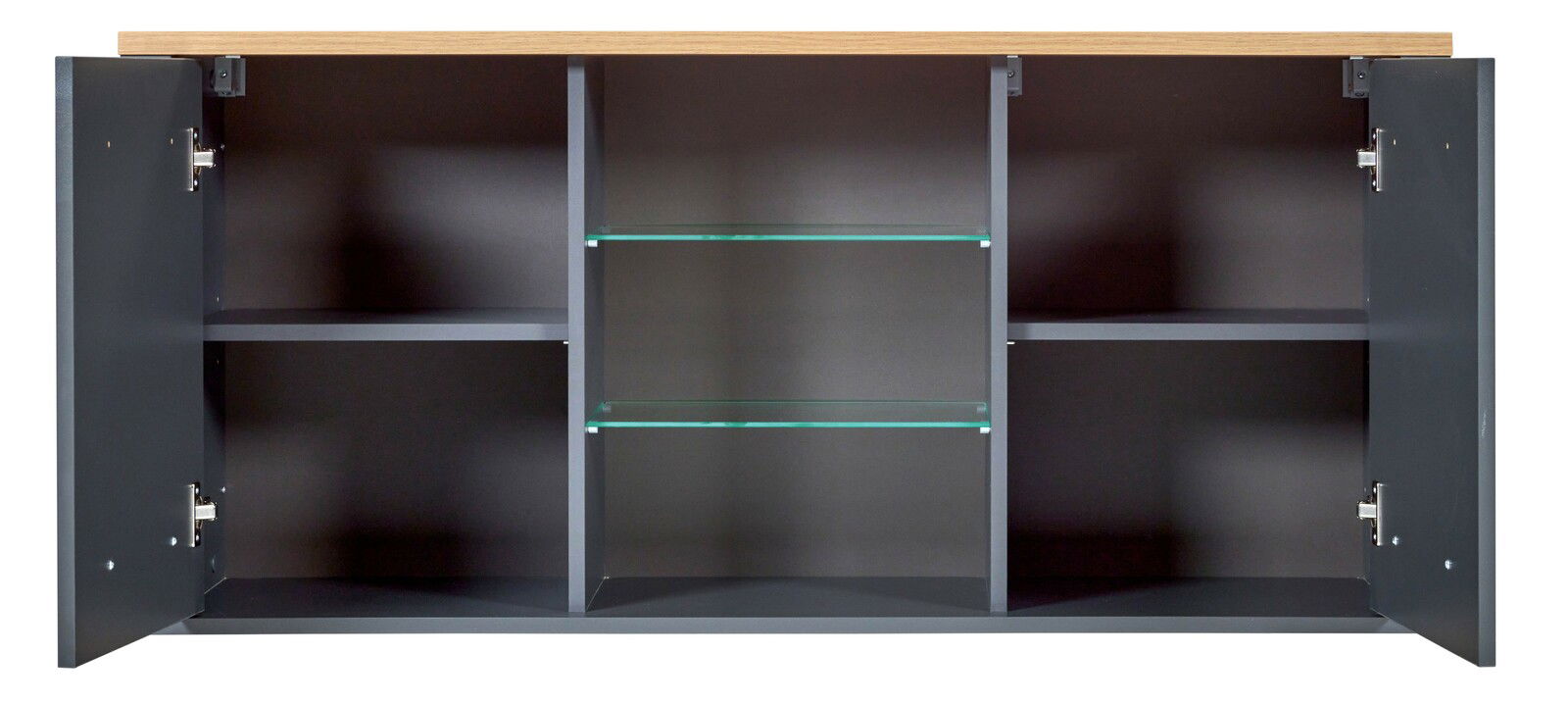 Hängeschrank mit zwei offenen Türen, sechs Fächern und zwei Glasböden, frontal betrachtet.