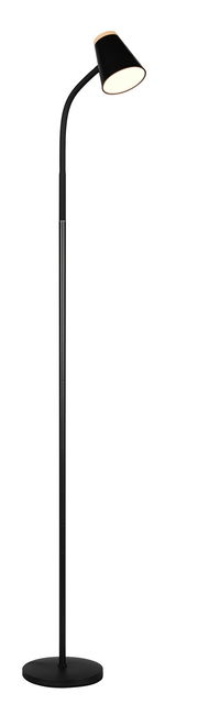 Schwarze Stehleuchte mit gebogenem Hals und konischem Lampenschirm, seitliche Perspektive