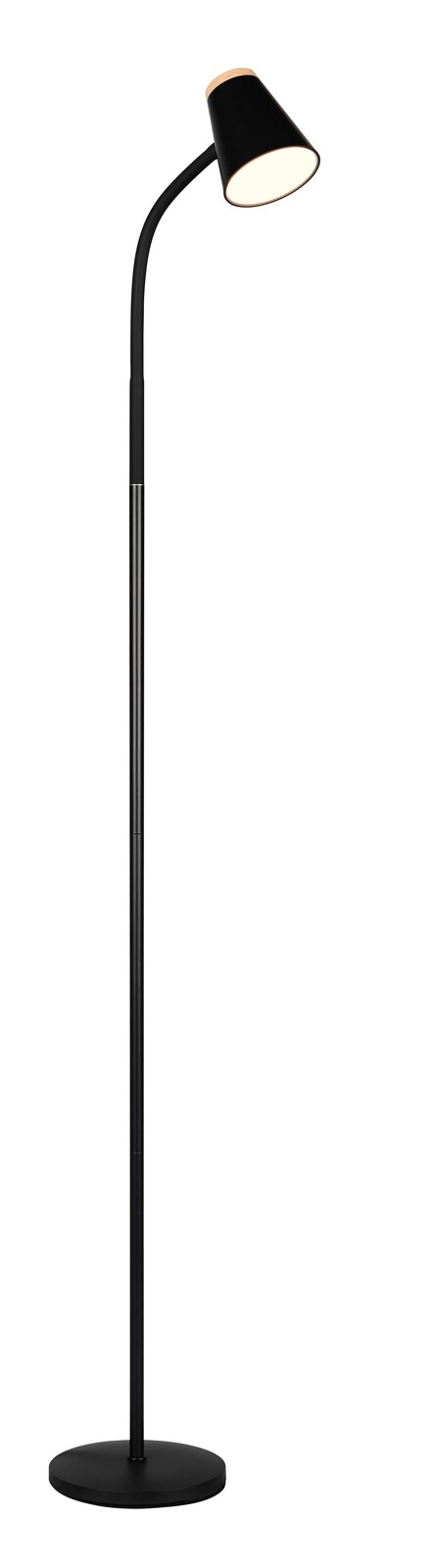 Schwarze Stehleuchte mit gebogenem Hals und konischem Lampenschirm, seitliche Perspektive