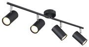 Moderner schwarzer Deckenstrahler mit vier verstellbaren Leuchten, seitliche Perspektive