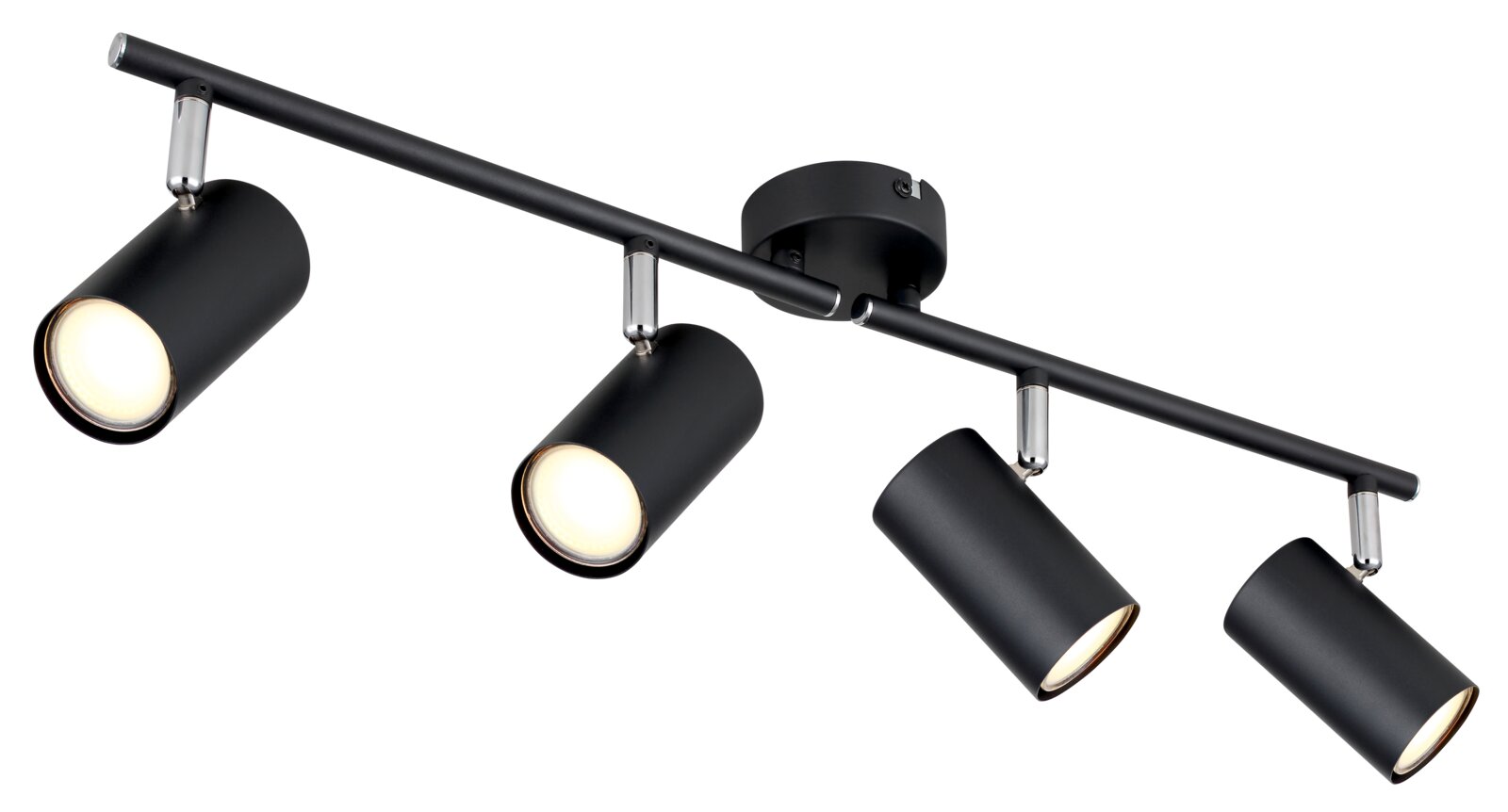 Moderne zwarte plafondspot met vier verstelbare lampen, zijaanzicht