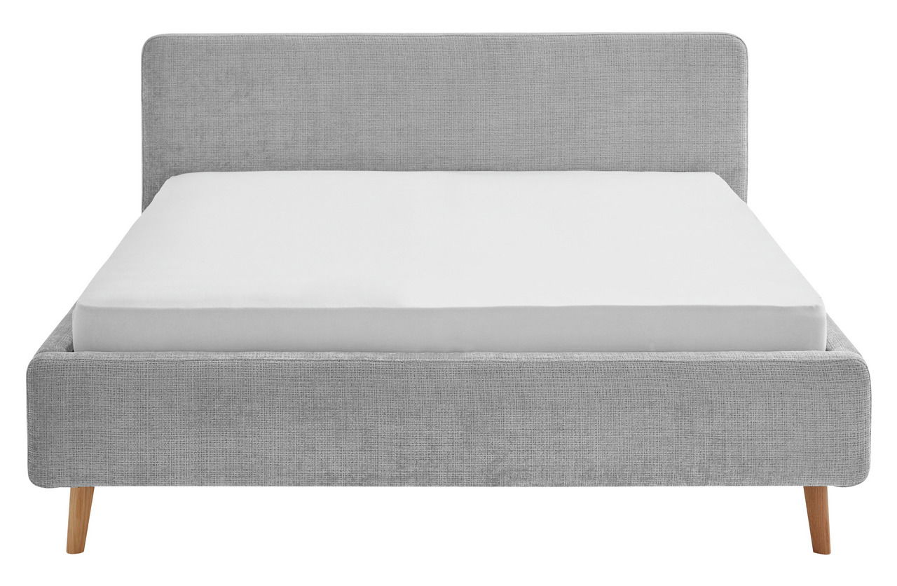 Graues Polsterbettgestell mit Holzbeinen, Vorderansicht