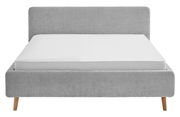 Graues Polsterbettgestell mit Holzbeinen, Vorderansicht