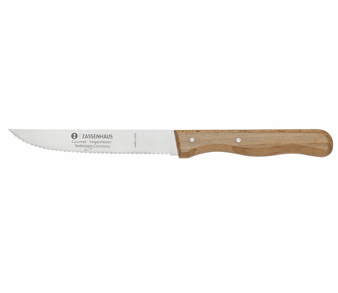 Gourmet-Vespermesser mit Wellenschliff und Holzgriff, seitliche Ansicht