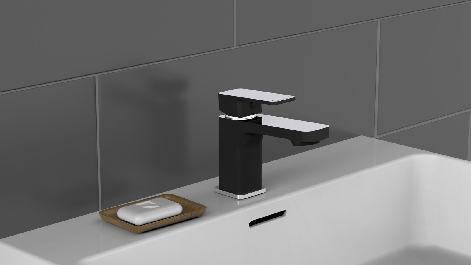 Moderne schwarze Waschtischarmatur mit rechteckigem Hebel, seitliche Perspektive