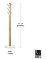 Moderner Garderobenständer aus Holz mit sechs Haken, Seitenansicht, Höhe 169 cm, Breite 39 cm.