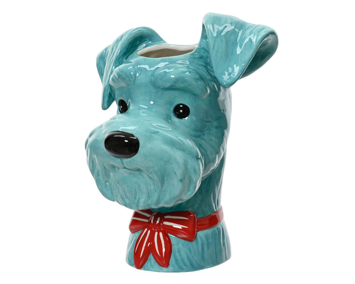 Keramikvase in Form eines blauen Hundekopfes mit roter Schleife, seitliche Perspektive