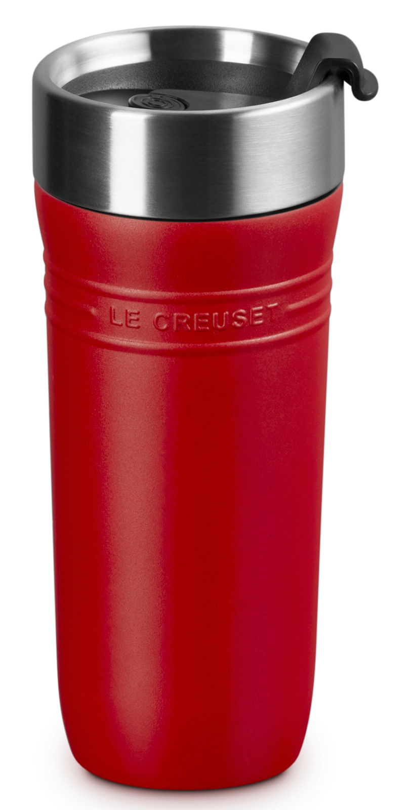 Roter Thermobecher 350ml mit Edelstahlrand und Deckel, seitliche Ansicht