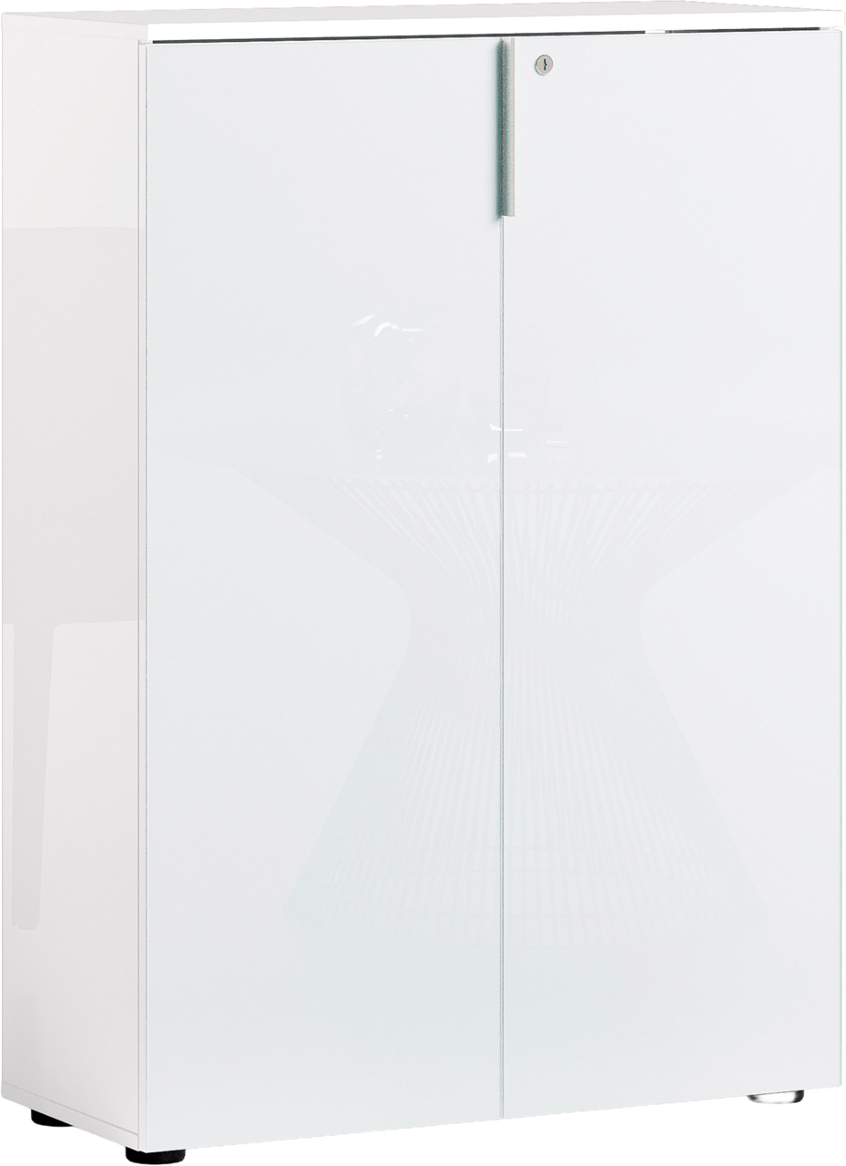 Stylife Aktenschrank niedrig PADUA OFFICE Weißer, niedriger Aktenschrank mit zwei Türen und Schloss, seitliche Perspektive